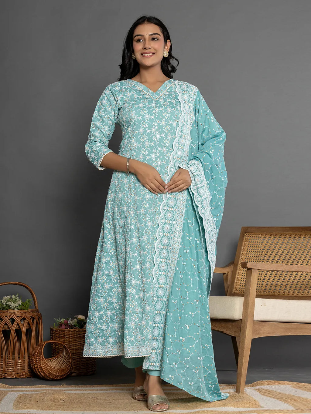 Yufta Sea Green Cotton Silk Embroidered Anarkali Kurta Dupatta Set | Grocsy