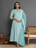Yufta Sea Green Cotton Silk Embroidered Anarkali Kurta Dupatta Set | Grocsy