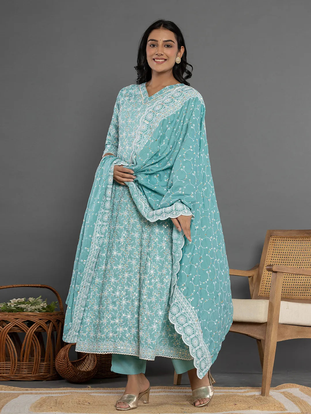 Yufta Sea Green Cotton Silk Embroidered Anarkali Kurta Dupatta Set | Grocsy