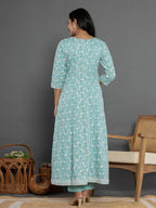 Yufta Sea Green Cotton Silk Embroidered Anarkali Kurta Dupatta Set | Grocsy