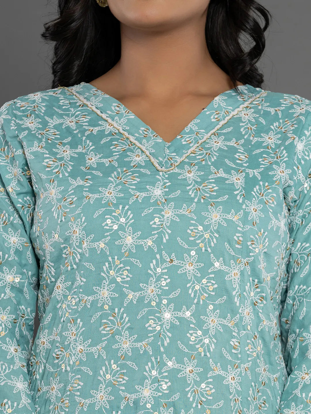 Yufta Sea Green Cotton Silk Embroidered Anarkali Kurta Dupatta Set | Grocsy