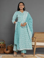 Yufta Sea Green Cotton Silk Embroidered Anarkali Kurta Dupatta Set | Grocsy