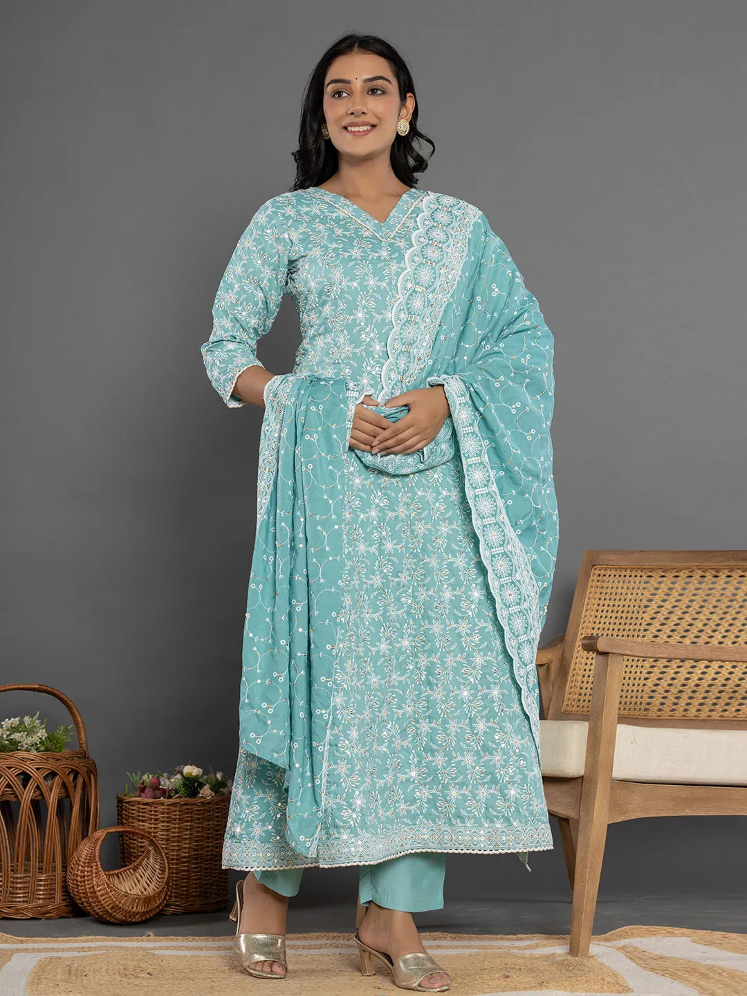 Yufta Sea Green Cotton Silk Embroidered Anarkali Kurta Dupatta Set | Grocsy