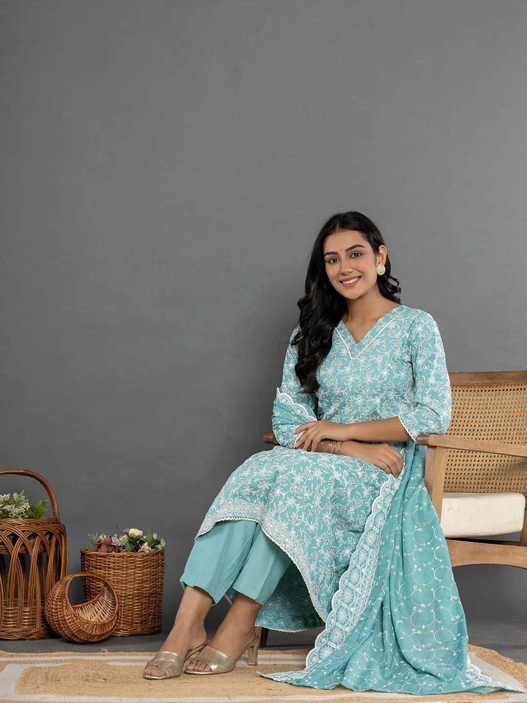 Yufta Sea Green Cotton Silk Embroidered Anarkali Kurta Dupatta Set | Grocsy