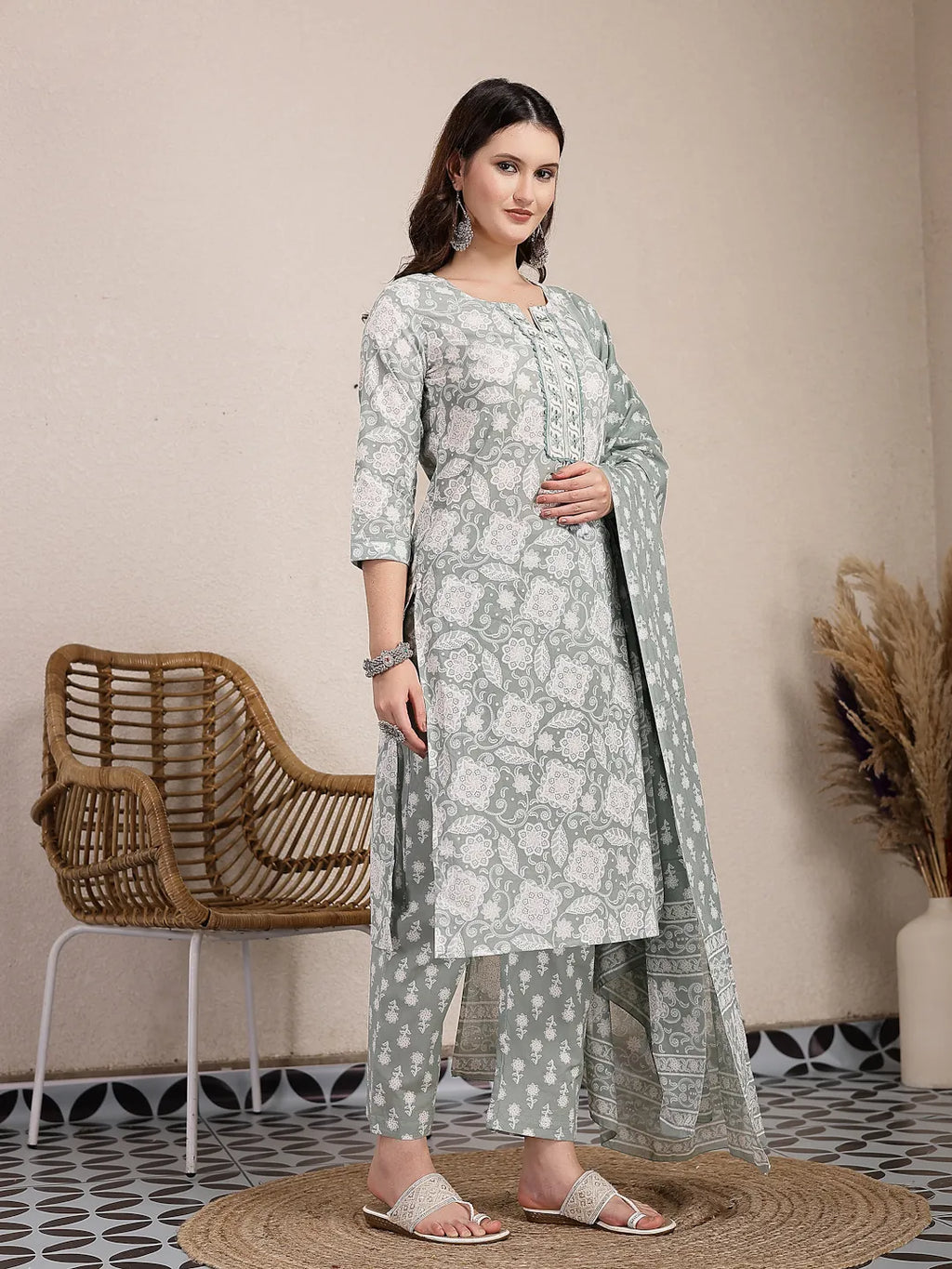 Yufta Sea Green Ethnic Motifs Print Straight Kurta Trouser Dupatta Set | Grocsy