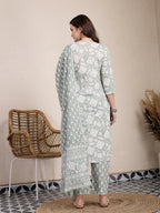 Yufta Sea Green Ethnic Motifs Print Straight Kurta Trouser Dupatta Set | Grocsy