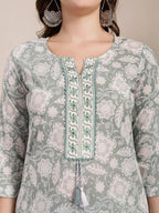 Yufta Sea Green Ethnic Motifs Print Straight Kurta Trouser Dupatta Set | Grocsy