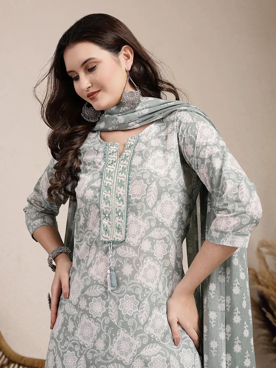 Yufta Sea Green Ethnic Motifs Print Straight Kurta Trouser Dupatta Set | Grocsy