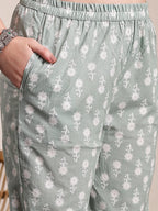 Yufta Sea Green Ethnic Motifs Print Straight Kurta Trouser Dupatta Set | Grocsy