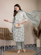 Yufta Sea Green Ethnic Motifs Print Straight Kurta Trouser Dupatta Set | Grocsy