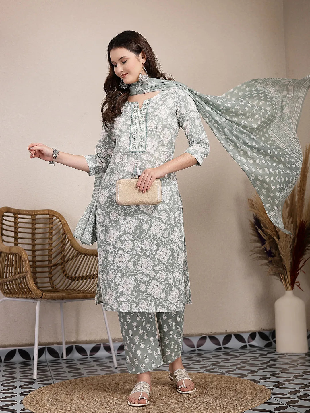 Yufta Sea Green Ethnic Motifs Print Straight Kurta Trouser Dupatta Set | Grocsy