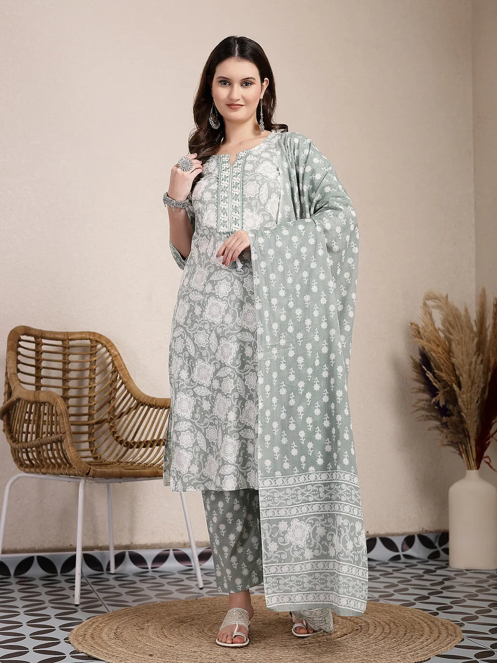 Yufta Sea Green Ethnic Motifs Print Straight Kurta Trouser Dupatta Set | Grocsy