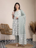 Yufta Sea Green Ethnic Motifs Print Straight Kurta Trouser Dupatta Set | Grocsy