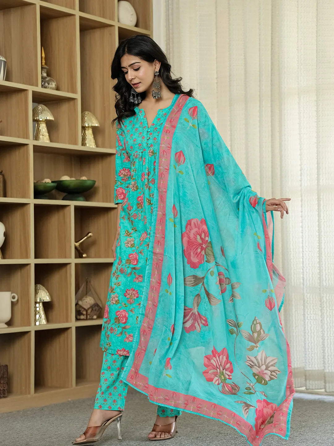 Yufta Sea Green Floral Print ALine Kurta Trouser Dupatta Set | Grocsy