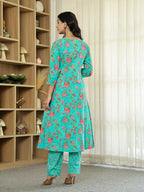 Yufta Sea Green Floral Print ALine Kurta Trouser Dupatta Set | Grocsy