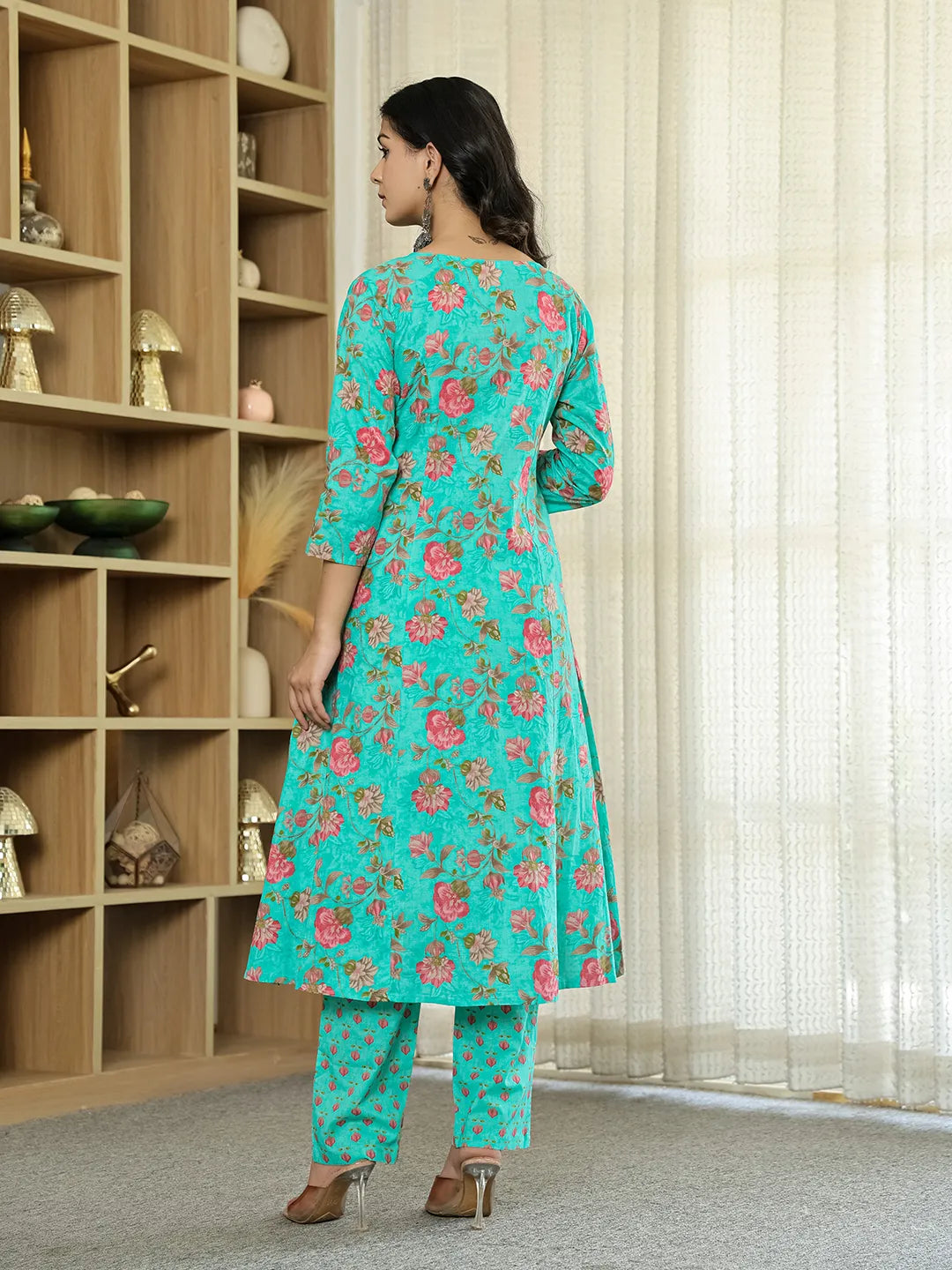 Yufta Sea Green Floral Print ALine Kurta Trouser Dupatta Set | Grocsy