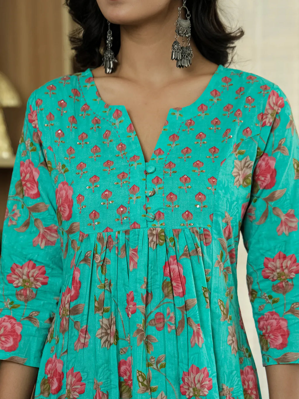 Yufta Sea Green Floral Print ALine Kurta Trouser Dupatta Set | Grocsy