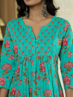 Yufta Sea Green Floral Print ALine Kurta Trouser Dupatta Set | Grocsy