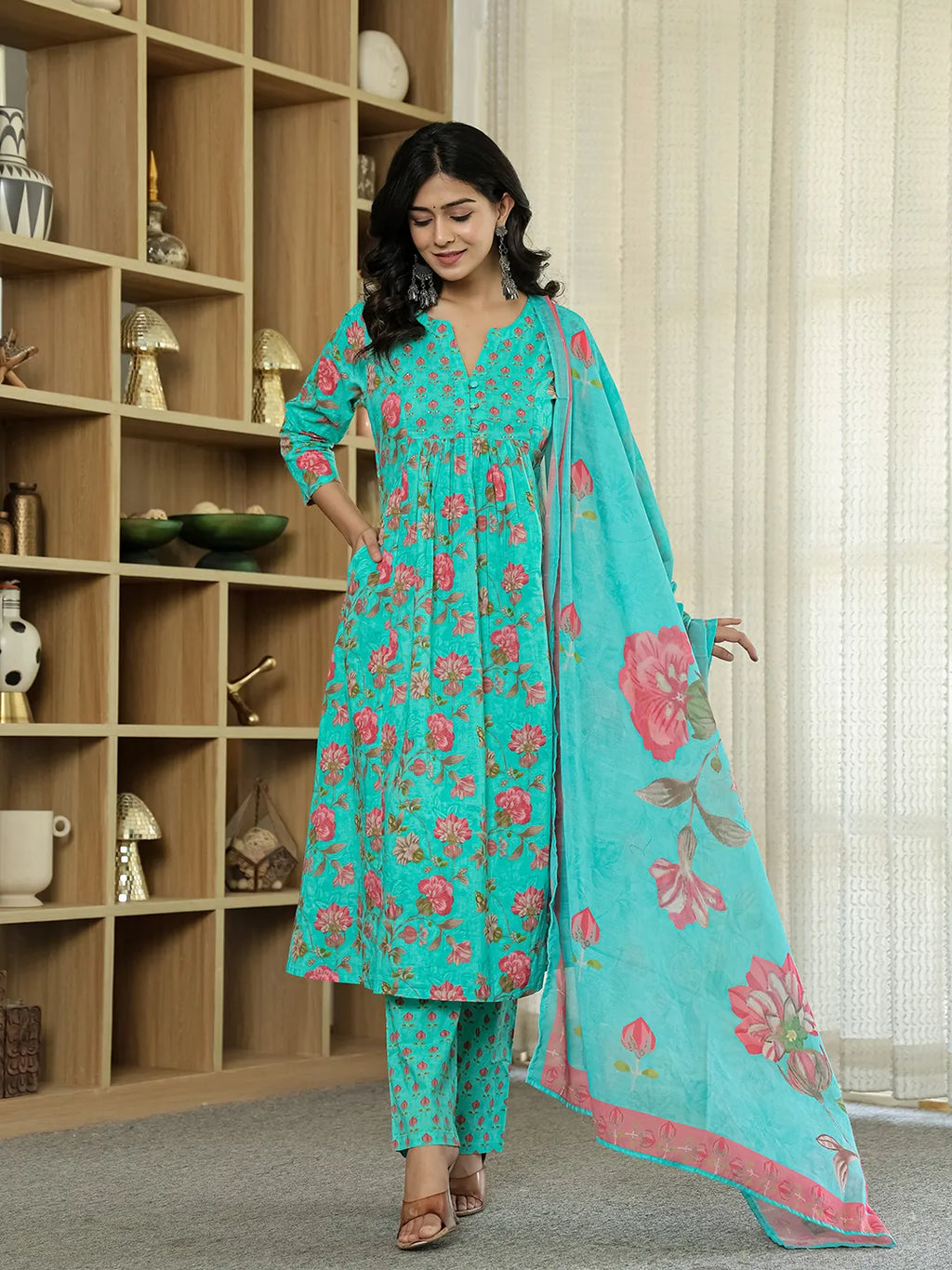 Yufta Sea Green Floral Print ALine Kurta Trouser Dupatta Set | Grocsy