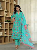 Yufta Sea Green Floral Print ALine Kurta Trouser Dupatta Set | Grocsy