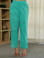 Yufta Sea Green Floral Print ALine Kurta Trouser Dupatta Set | Grocsy
