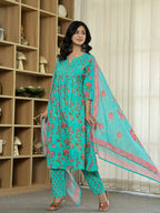 Yufta Sea Green Floral Print ALine Kurta Trouser Dupatta Set | Grocsy