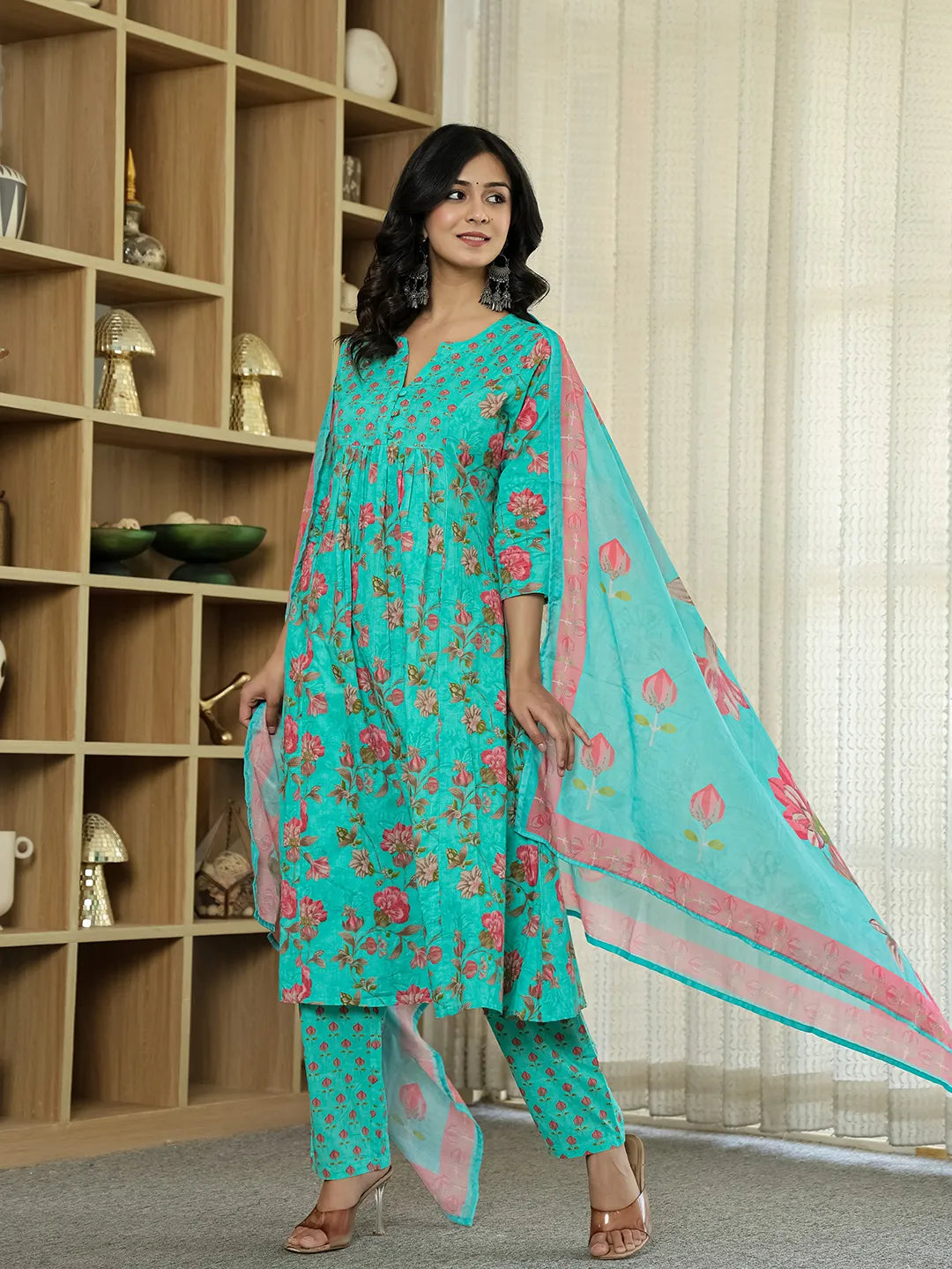 Yufta Sea Green Floral Print ALine Kurta Trouser Dupatta Set | Grocsy