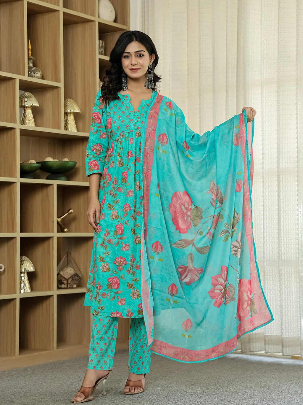 Yufta Sea Green Floral Print ALine Kurta Trouser Dupatta Set | Grocsy