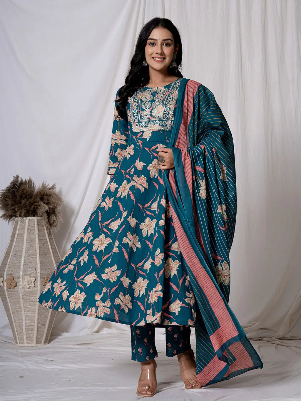 Yufta Sea Green Floral Pure Cotton Anarkali Kurta And Trouser With Dupatta Set | Grocsy