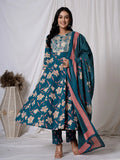 Yufta Sea Green Floral Pure Cotton Anarkali Kurta And Trouser With Dupatta Set | Grocsy