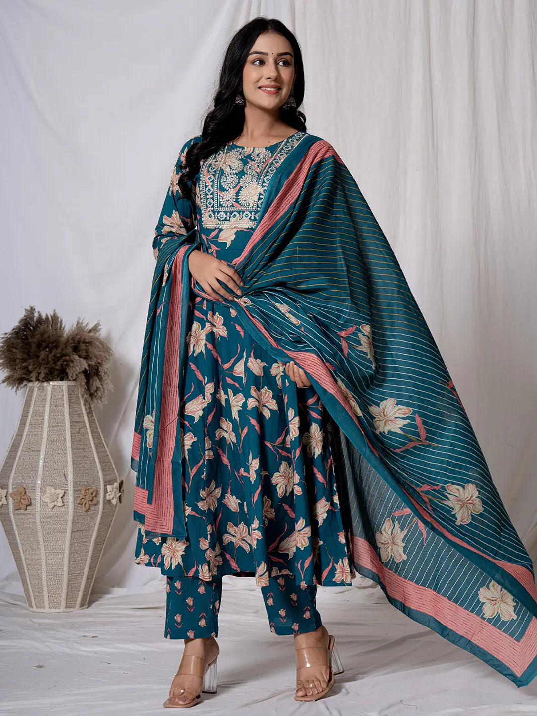 Yufta Sea Green Floral Pure Cotton Anarkali Kurta And Trouser With Dupatta Set | Grocsy