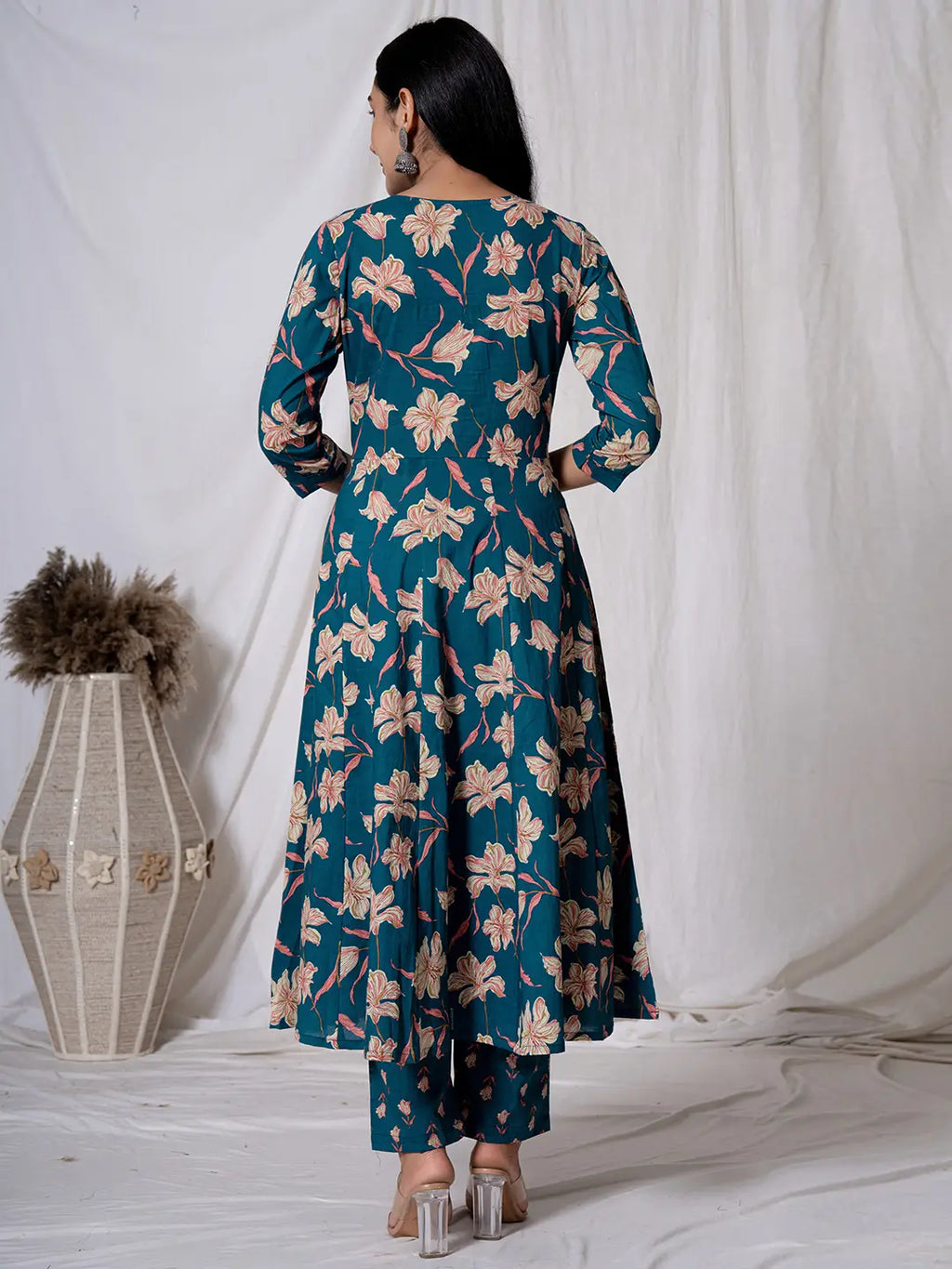 Yufta Sea Green Floral Pure Cotton Anarkali Kurta And Trouser With Dupatta Set | Grocsy
