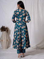 Yufta Sea Green Floral Pure Cotton Anarkali Kurta And Trouser With Dupatta Set | Grocsy