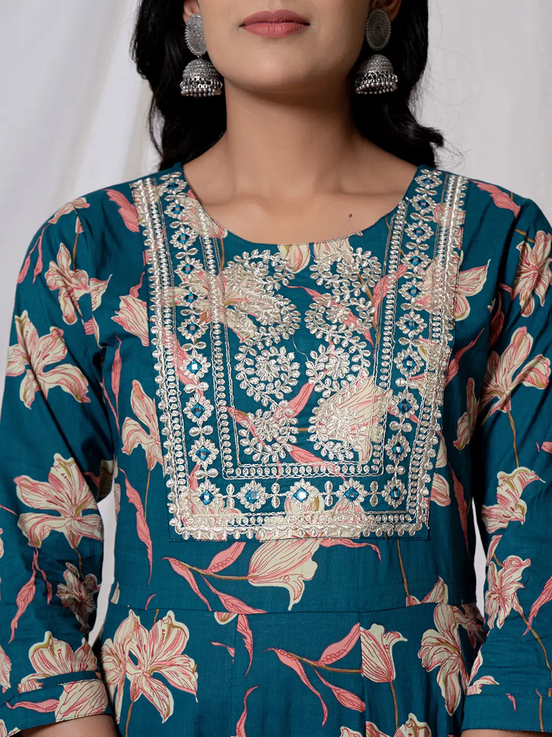 Yufta Sea Green Floral Pure Cotton Anarkali Kurta And Trouser With Dupatta Set | Grocsy