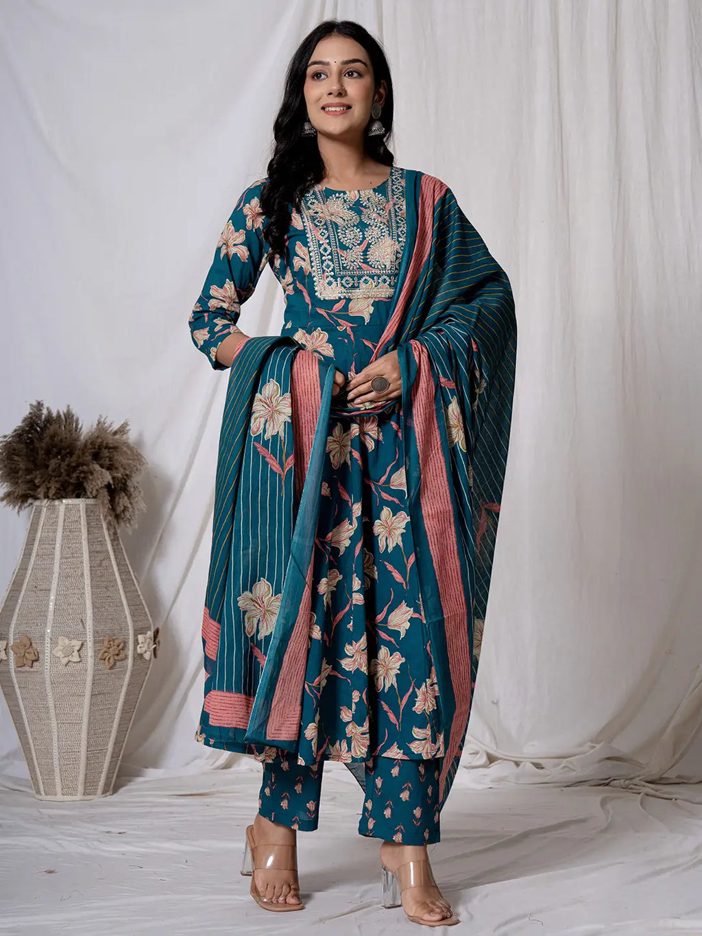 Yufta Sea Green Floral Pure Cotton Anarkali Kurta And Trouser With Dupatta Set | Grocsy