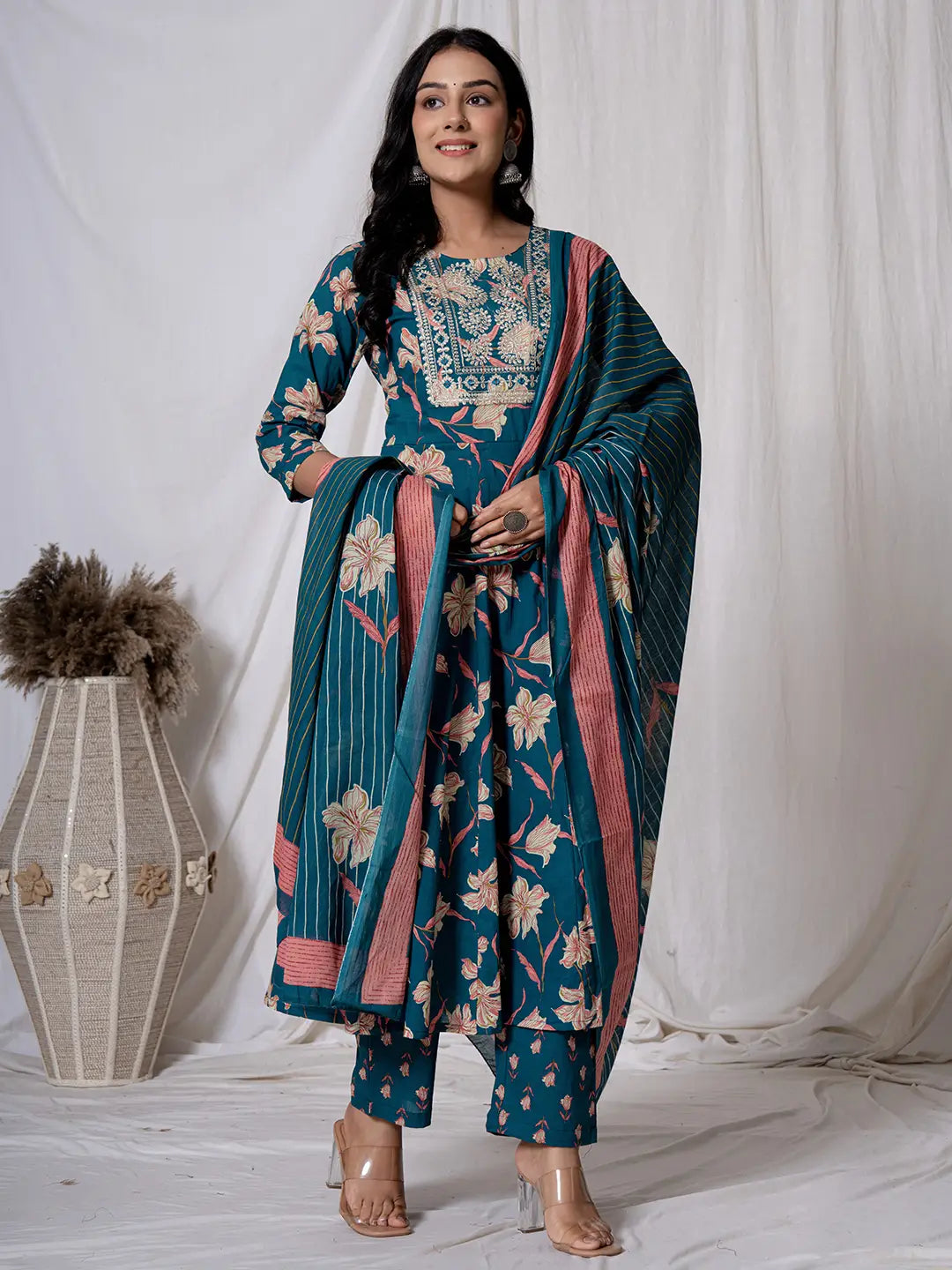 Yufta Sea Green Floral Pure Cotton Anarkali Kurta And Trouser With Dupatta Set | Grocsy
