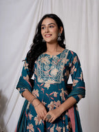 Yufta Sea Green Floral Pure Cotton Anarkali Kurta And Trouser With Dupatta Set | Grocsy