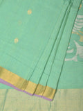 Sea Green Khadi Cotton Handloom Saree with Birds Pallu Design - Global Threads | Grocsy
