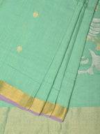 Sea Green Khadi Cotton Handloom Saree with Birds Pallu Design - Global Threads | Grocsy