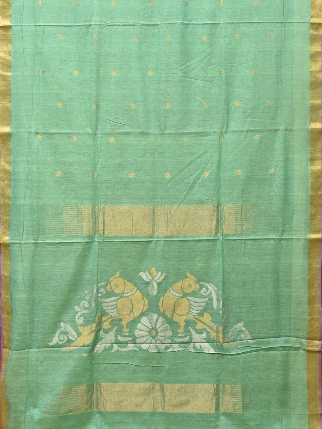 Sea Green Khadi Cotton Handloom Saree with Birds Pallu Design - Global Threads | Grocsy