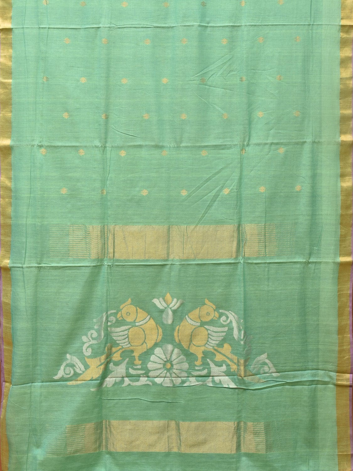 Sea Green Khadi Cotton Handloom Saree with Birds Pallu Design - Global Threads | Grocsy