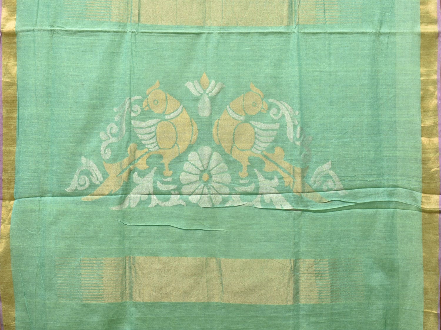 Sea Green Khadi Cotton Handloom Saree with Birds Pallu Design - Global Threads | Grocsy