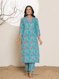 Yufta Sea Green Sequins_Work Cotton Straight Kurta & Trousers Set | Grocsy