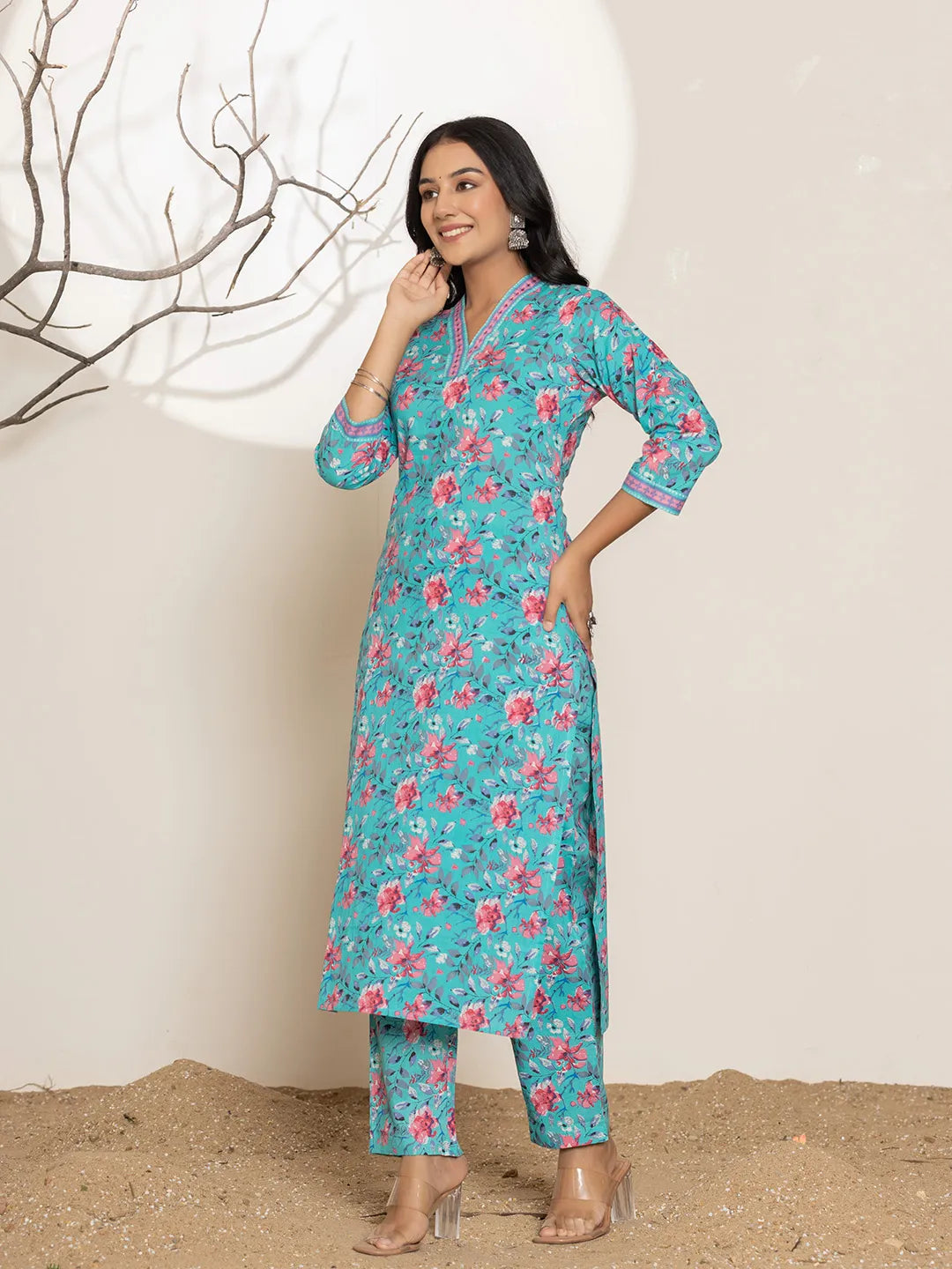 Yufta Sea Green Sequins_Work Cotton Straight Kurta & Trousers Set | Grocsy