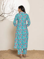 Yufta Sea Green Sequins_Work Cotton Straight Kurta & Trousers Set | Grocsy