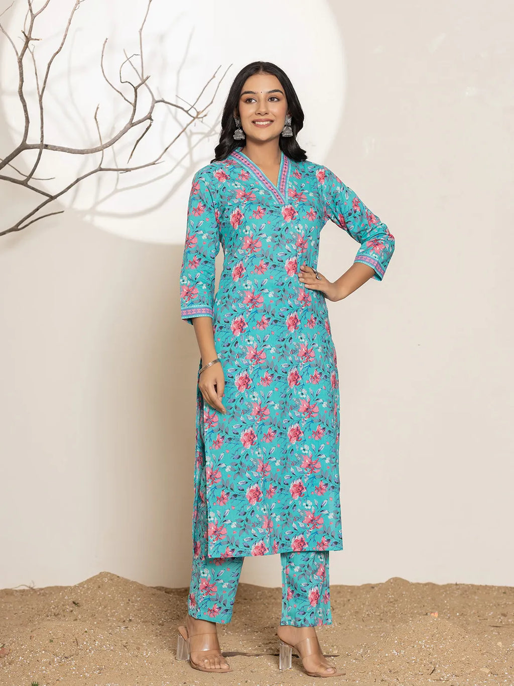 Yufta Sea Green Sequins_Work Cotton Straight Kurta & Trousers Set | Grocsy