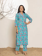 Yufta Sea Green Sequins_Work Cotton Straight Kurta & Trousers Set | Grocsy