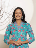 Yufta Sea Green Sequins_Work Cotton Straight Kurta & Trousers Set | Grocsy