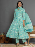 Yufta Sea Green Mirror_Work Cotton Anarkali Kurta Duppta Set | Grocsy