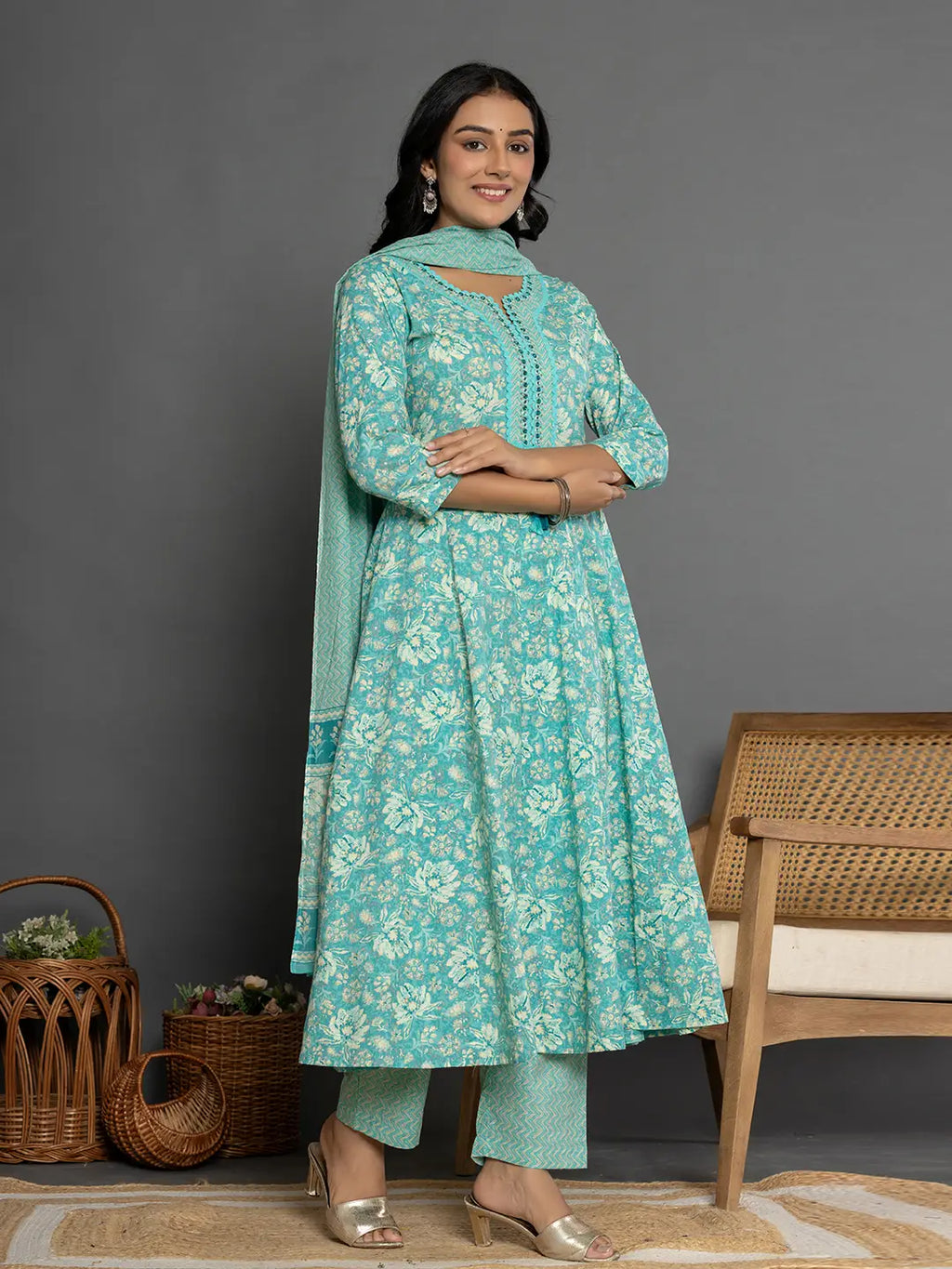 Yufta Sea Green Mirror_Work Cotton Anarkali Kurta Duppta Set | Grocsy
